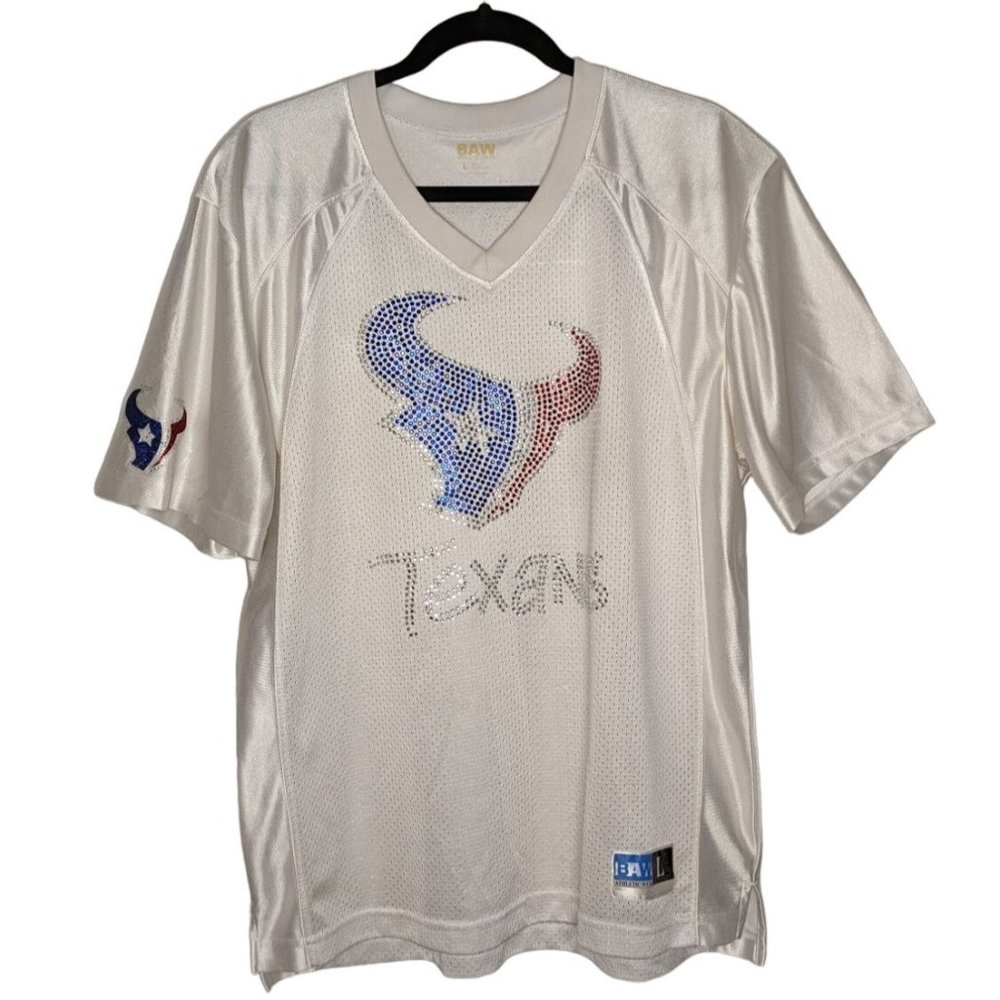 BAW Athletic Wear short sleeve TEXANS sequins Womens‎ Fan WATT 99 Jersey Top L